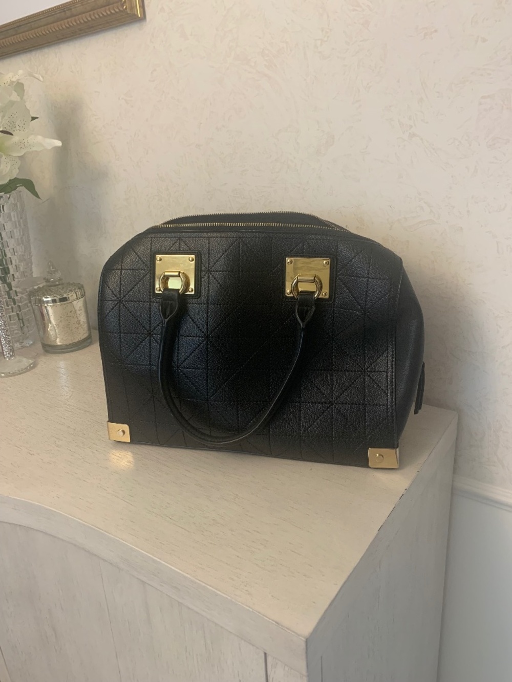 Large black Aldo quilt-print leather shoulder bag with gold toned hardware